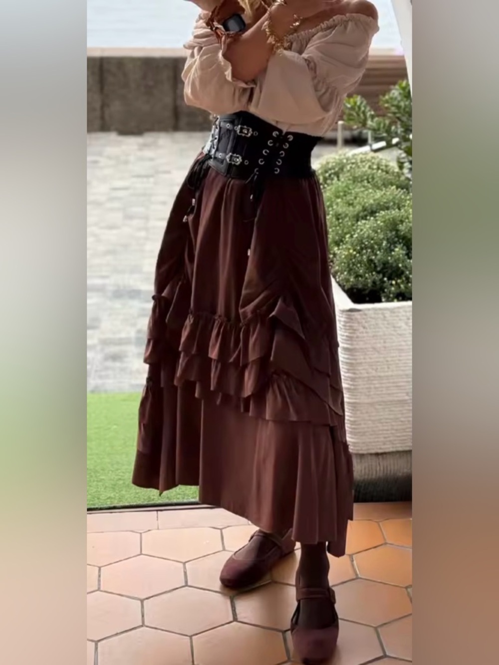Brown Victorian Ruffle Maxi Skirt Gothic Steampunk Cottagecore XL - Picture 3 of 12